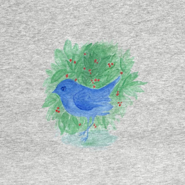 blue bird and shrub watercolor painting by oknoki